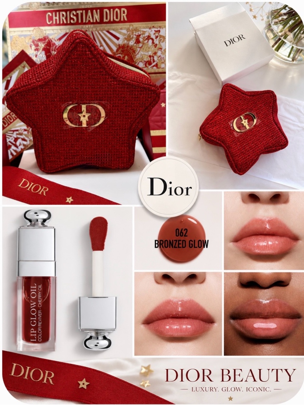 Dior Bundle: DIOR Limited Edition 2026 Red Star Cosmetic Bag & Dior Lip Oil 062